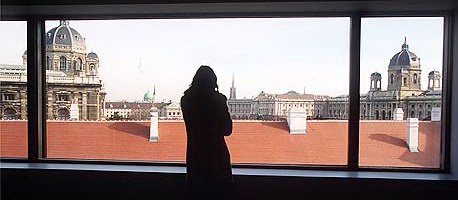 View of the city from the top floor of the Museum of Modern Art Ludwig Foundation Vienna, one of three completely new major buildings inside the MuseumsQuartier complex. 
